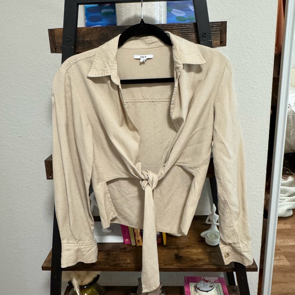 Bar III Beige Tie-Front Long Sleeve Top - Picture 2 of 6